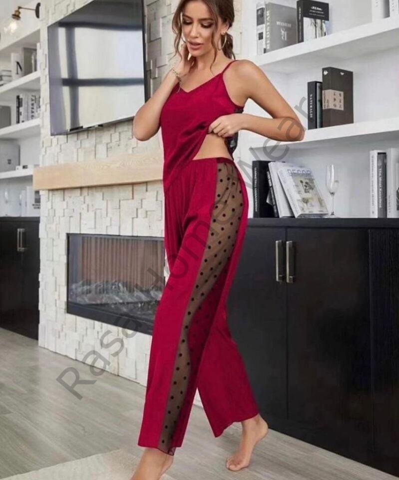 Rasa Bambu Tül Detaylı Askılı Pijama Takımı Bordo