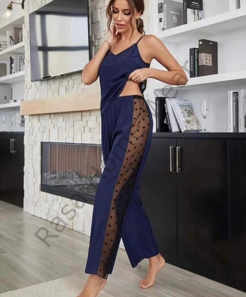 Rasa Bambu Tül Detaylı Askılı Pijama Takımı Lacivert