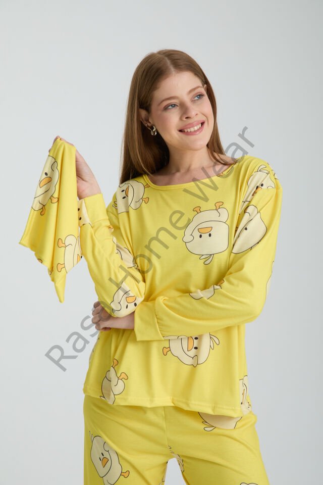 Rasa Sarı Pijama Takımı 3 Parça Alt Üst Bere Uzun Süper Soft