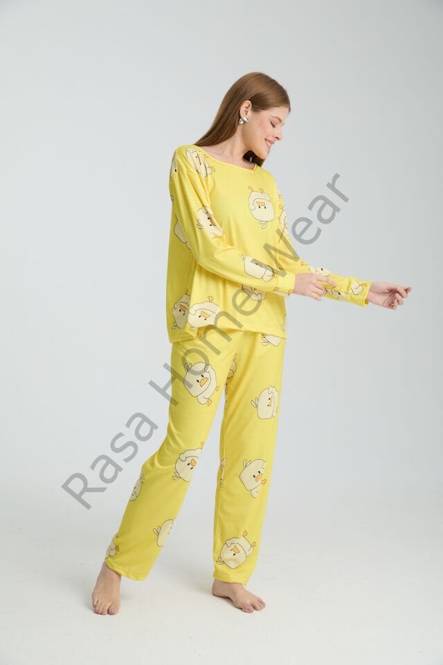 Rasa Sarı Pijama Takımı 3 Parça Alt Üst Bere Uzun Süper Soft