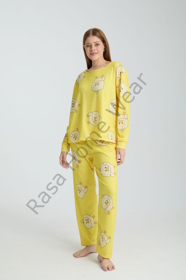 Rasa Sarı Pijama Takımı 3 Parça Alt Üst Bere Uzun Süper Soft