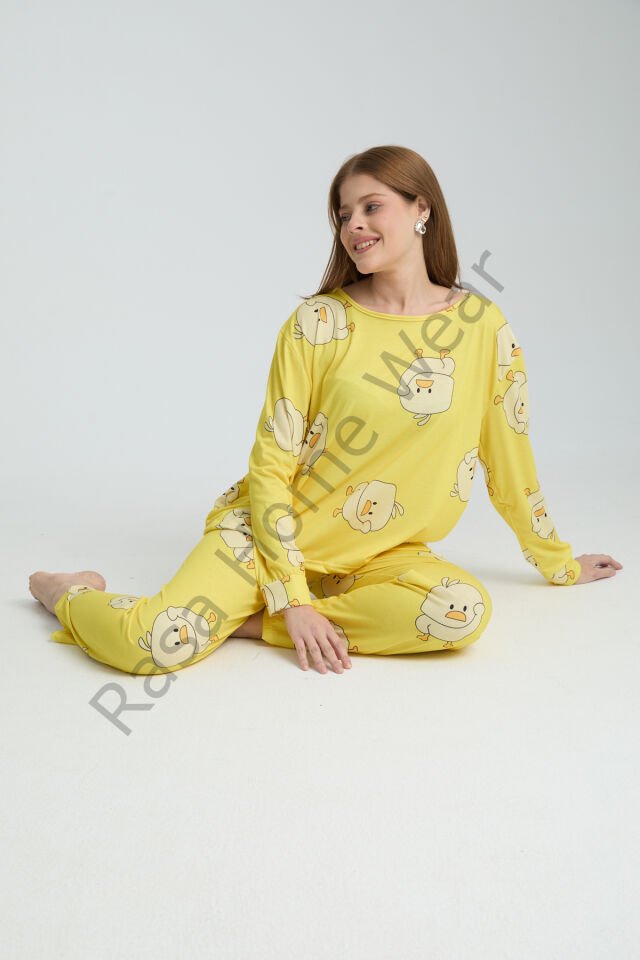 Rasa Sarı Pijama Takımı 3 Parça Alt Üst Bere Uzun Süper Soft