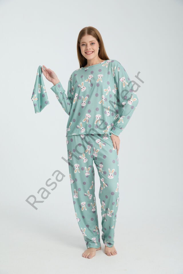 Rasa Yeşil Pijama Takımı 3 Parça Alt Üst Bere Uzun Süper Soft