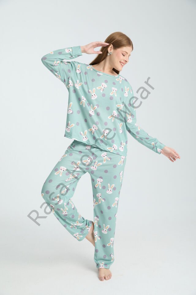 Rasa Yeşil Pijama Takımı 3 Parça Alt Üst Bere Uzun Süper Soft