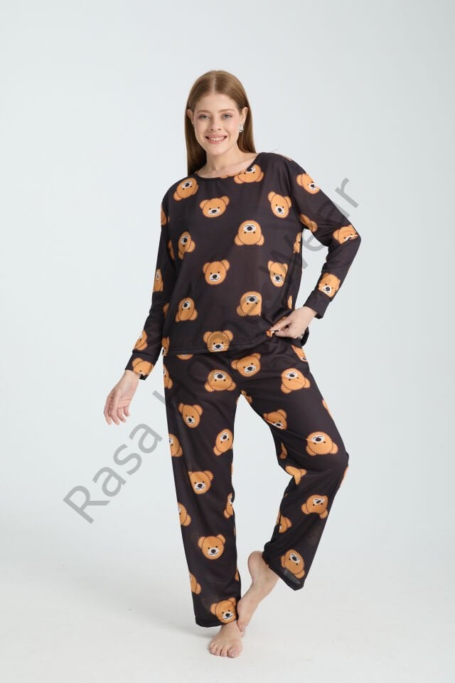 Rasa Siyah Pijama Takımı 3 Parça Alt Üst Bere Uzun Süper Soft