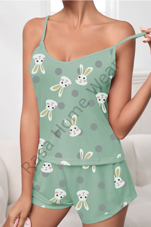 Askılı Şort Pijama Takımı Desenli Takım Rabbit