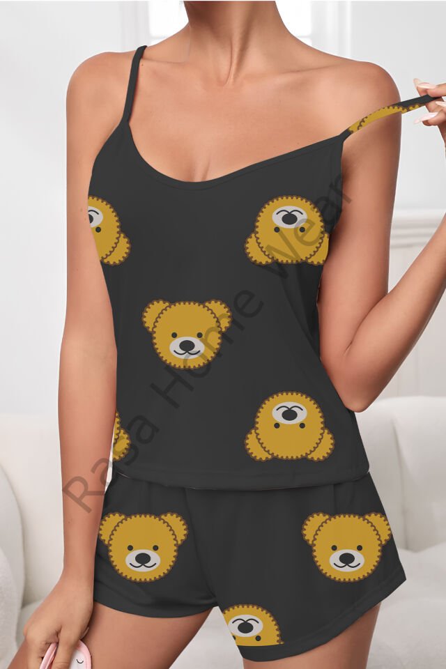 Askılı Şort Pijama Takımı Desenli Takım Bear