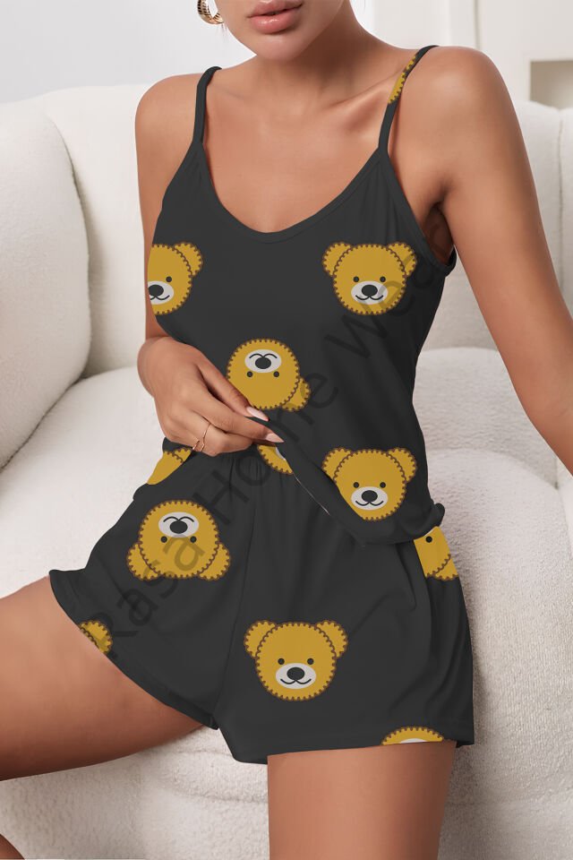 Askılı Şort Pijama Takımı Desenli Takım Bear