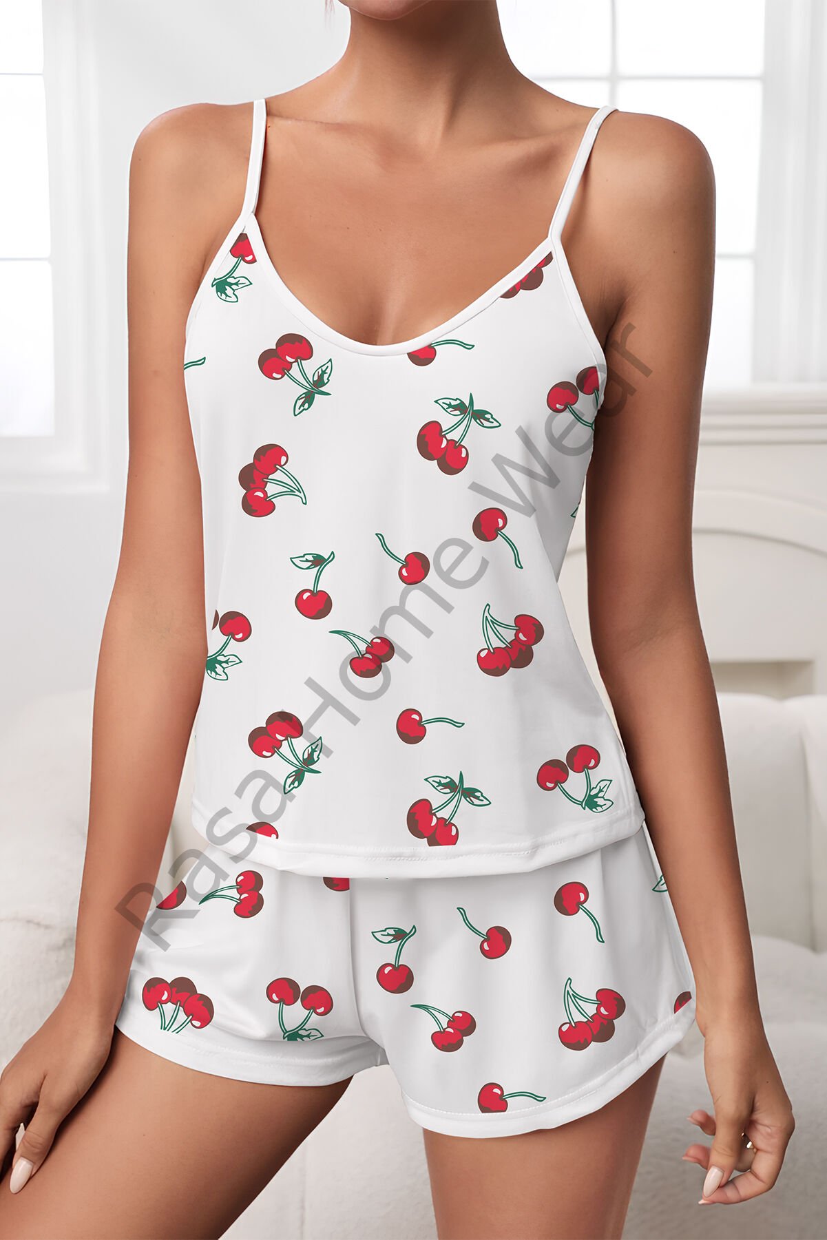 Askılı Şort Pijama Takımı Desenli Takım Cherry