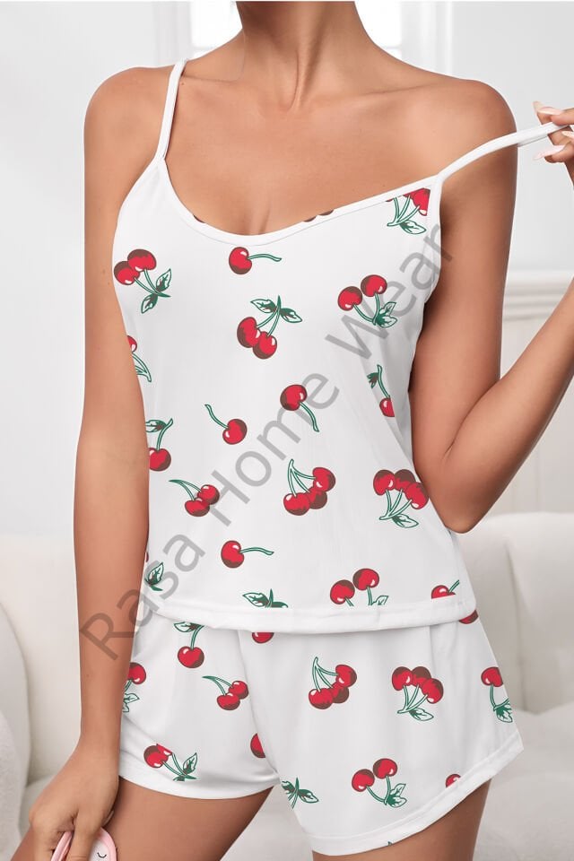 Askılı Şort Pijama Takımı Desenli Takım Cherry