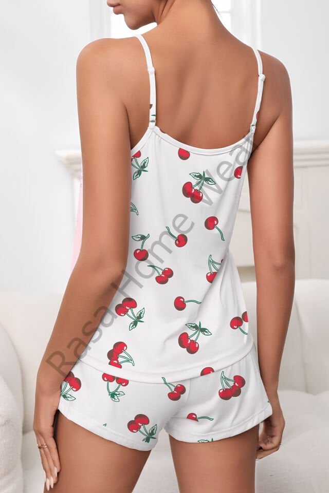 Askılı Şort Pijama Takımı Desenli Takım Cherry