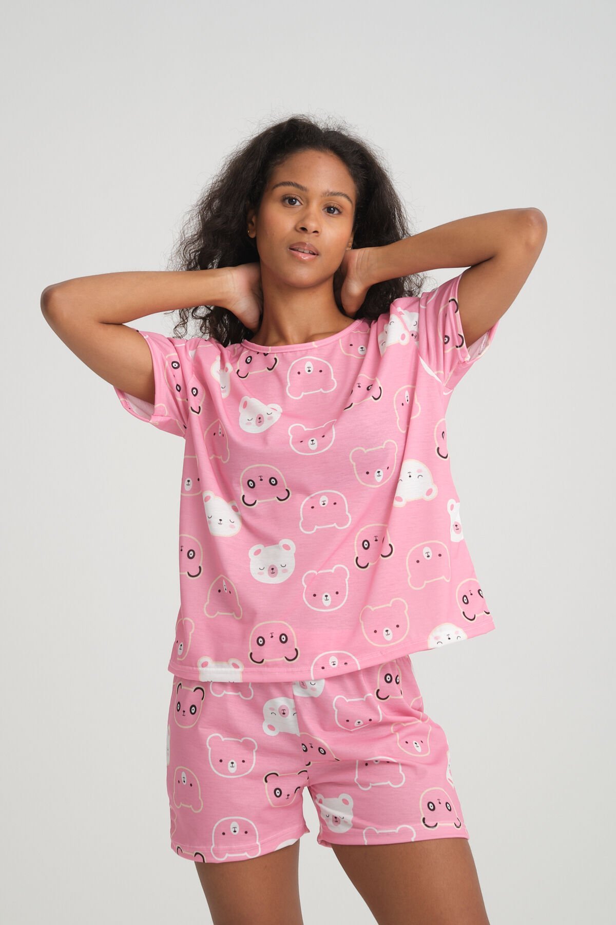 Kısa Kollu Şort Kadın Pijama Takımı Örme Kumaş Pamuklu Smiling Bear