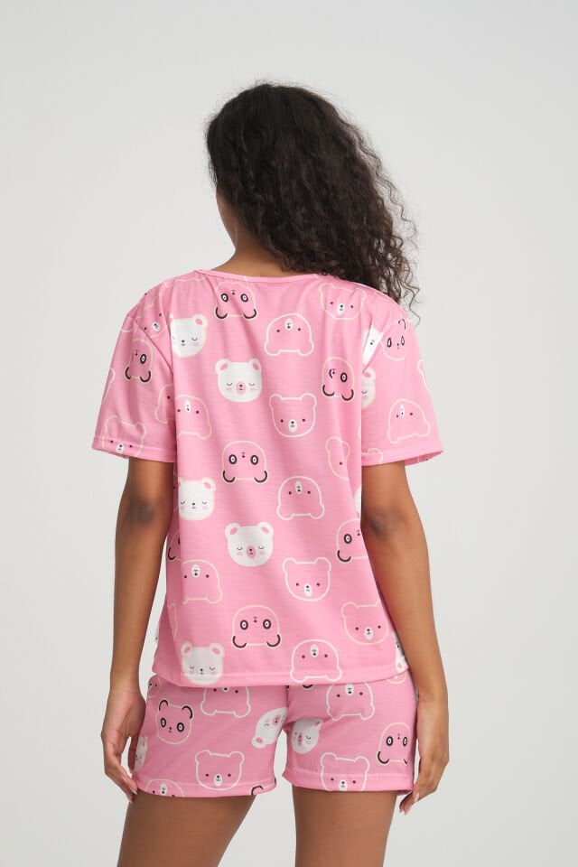 Kısa Kollu Şort Kadın Pijama Takımı Örme Kumaş Pamuklu Smiling Bear