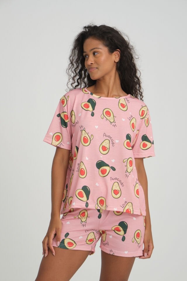 Kısa Kollu Şort Kadın Pijama Takımı Örme Kumaş Pamuklu Avocado Hi