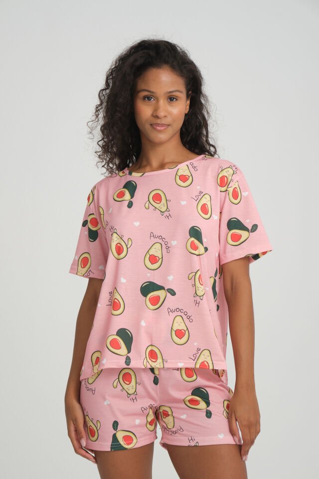 Kısa Kollu Şort Kadın Pijama Takımı Örme Kumaş Pamuklu Avocado Hi