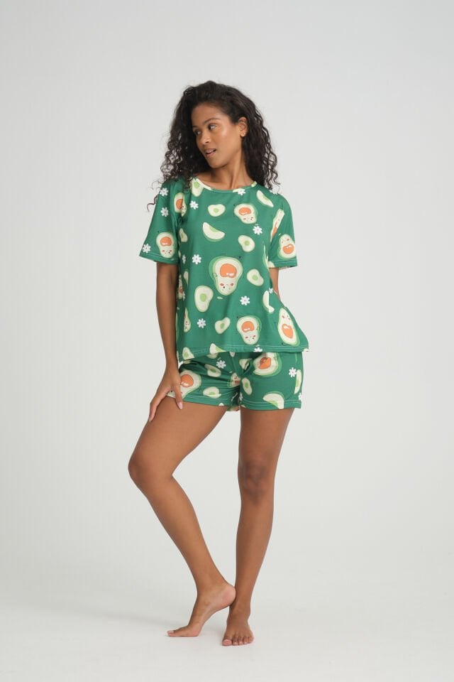 Kısa Kollu Şort Kadın Pijama Takımı Örme Kumaş Pamuklu Avocado Green