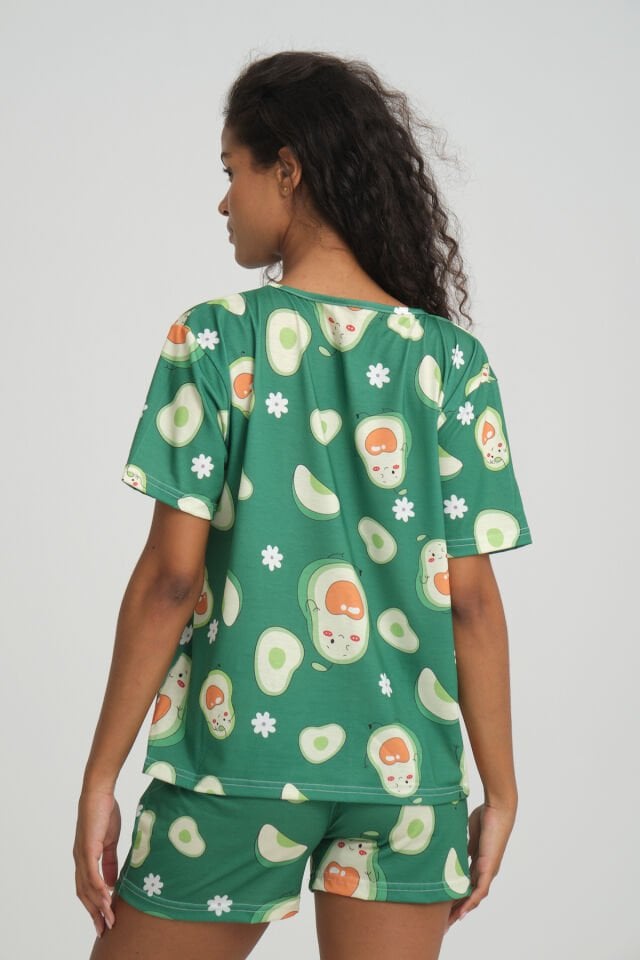 Kısa Kollu Şort Kadın Pijama Takımı Örme Kumaş Pamuklu Avocado Green