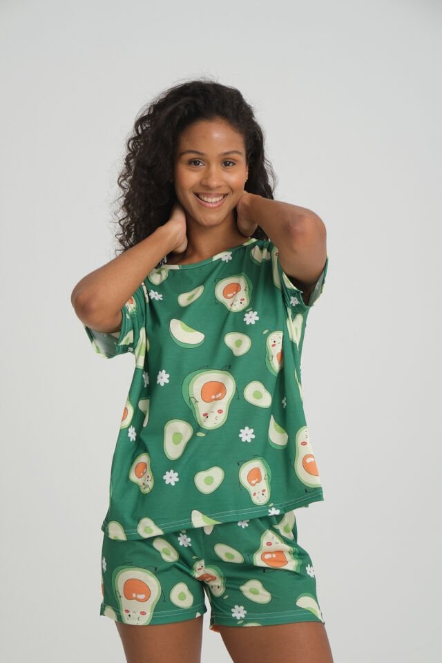 Kısa Kollu Şort Kadın Pijama Takımı Örme Kumaş Pamuklu Avocado Green