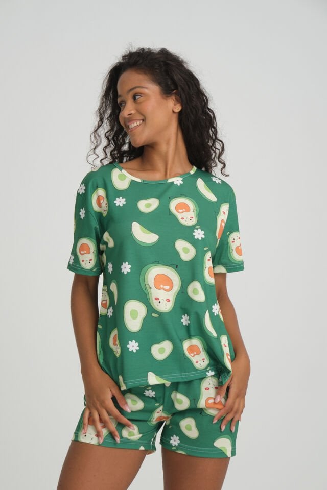 Kısa Kollu Şort Kadın Pijama Takımı Örme Kumaş Pamuklu Avocado Green