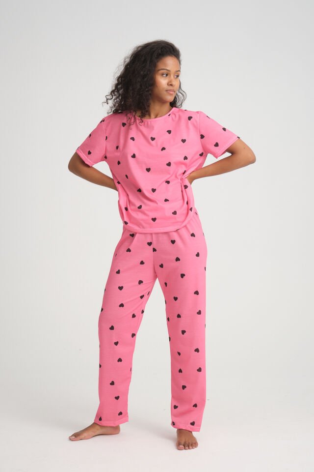 Kısa Kollu Kadın Pijama Takımı Pembe Siyah Kalp