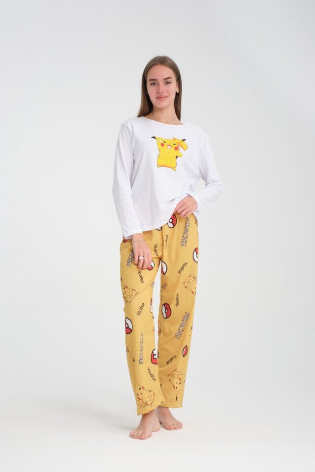 Uzun Kollu Sarı Pikaçu Baskılı Pijama Takımı