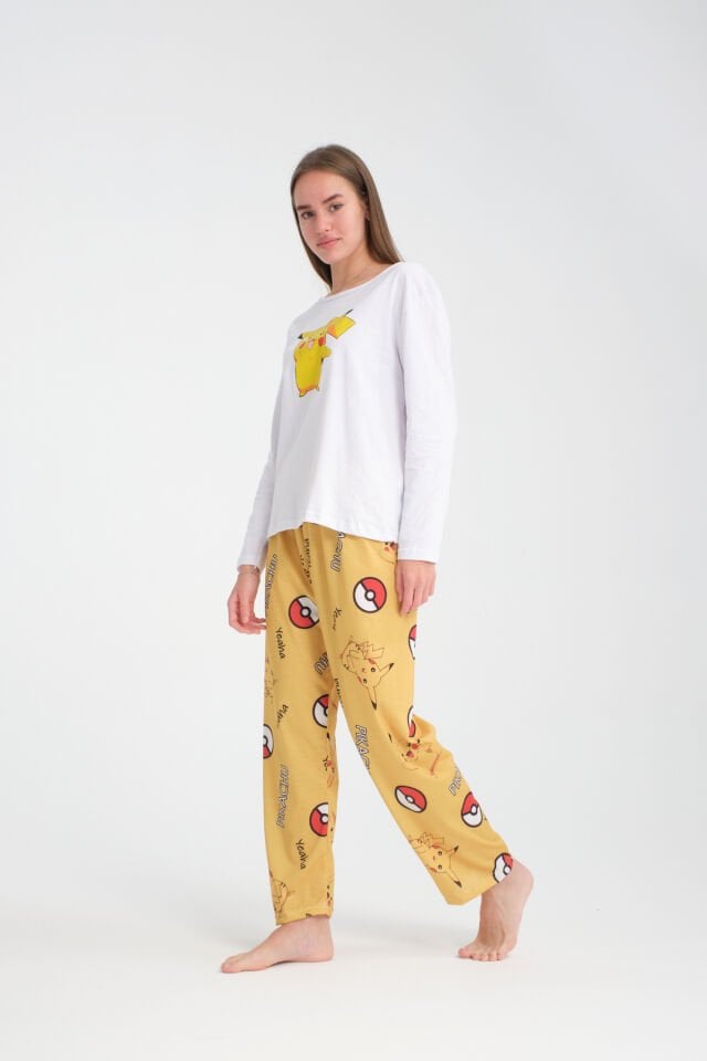 Uzun Kollu Sarı Pikaçu Baskılı Pijama Takımı