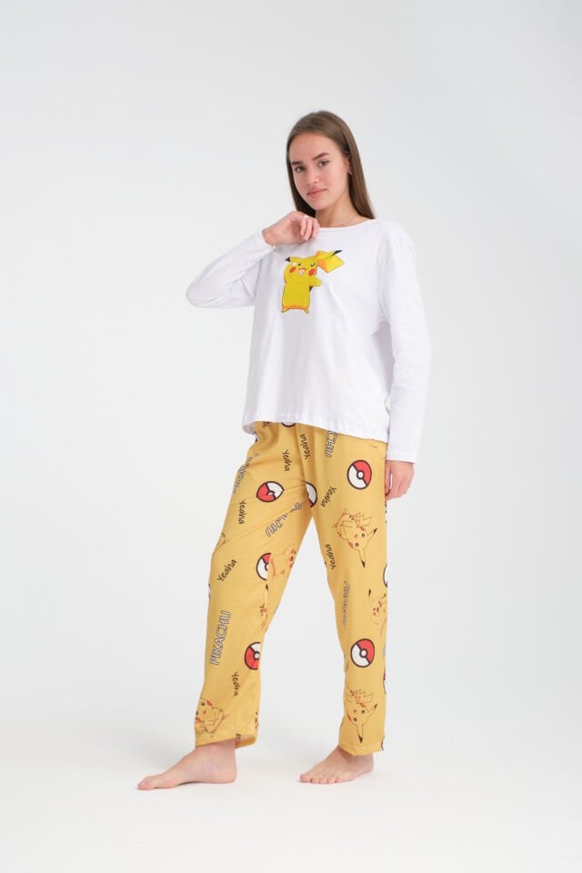 Uzun Kollu Sarı Pikaçu Baskılı Pijama Takımı