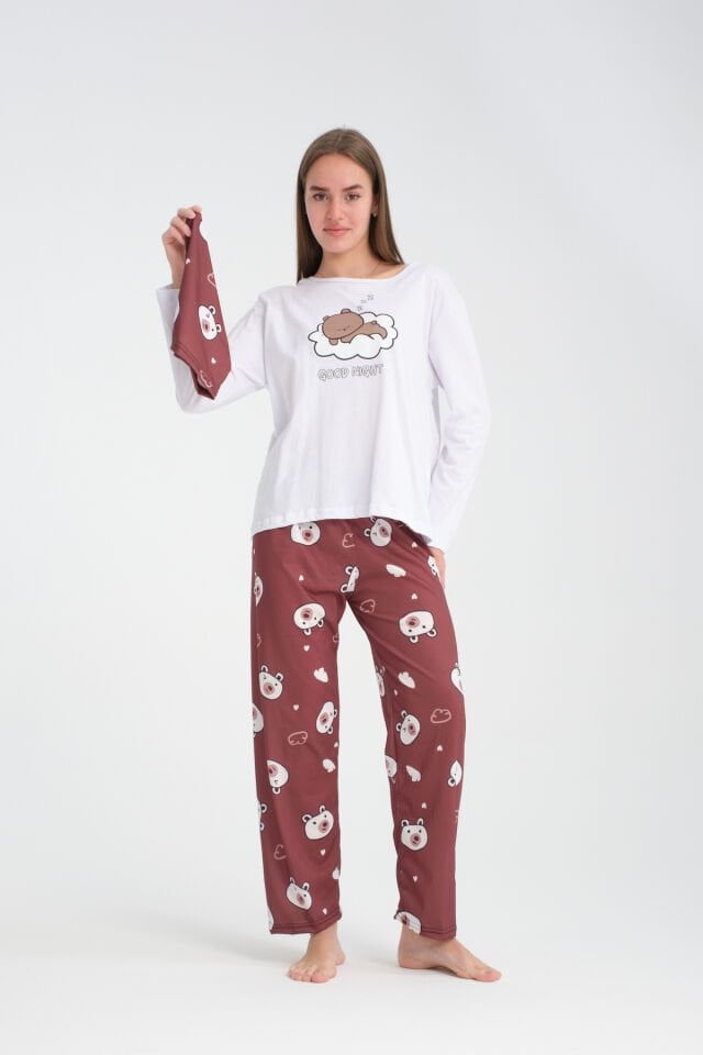 Uzun Kollu Kahverengi Bear Baskılı Pijama Takımı