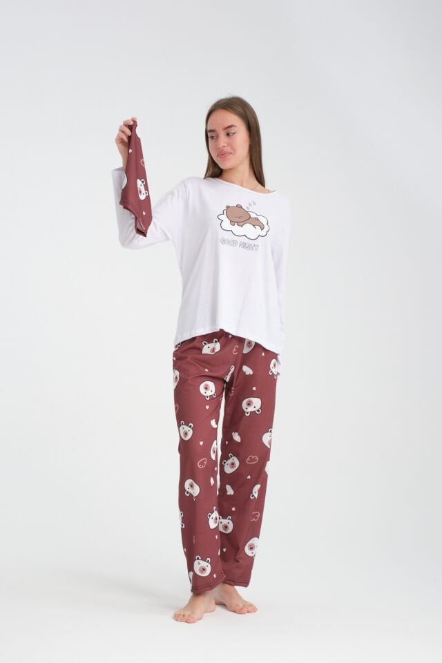 Uzun Kollu Kahverengi Bear Baskılı Pijama Takımı