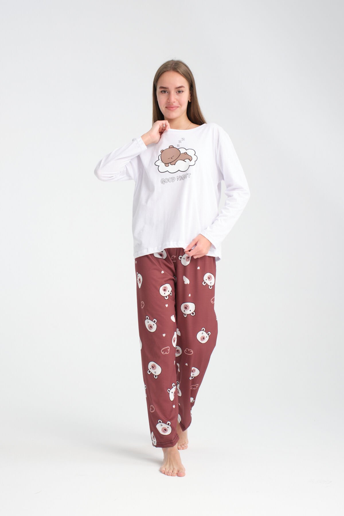 Uzun Kollu Kahverengi Bear Baskılı Pijama Takımı