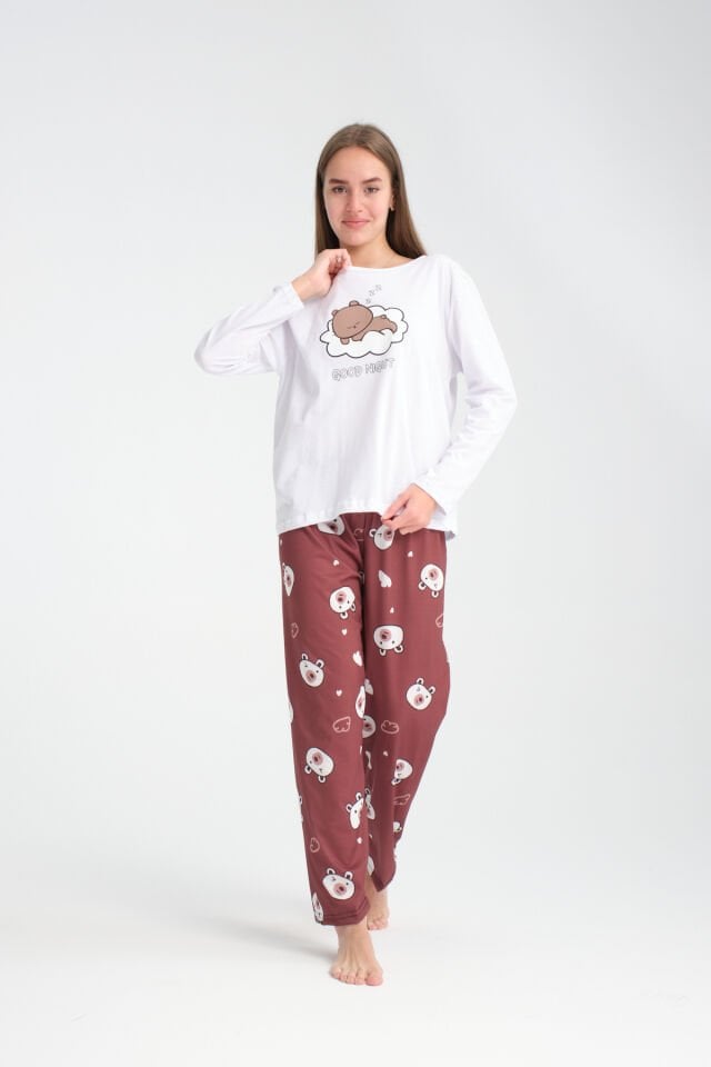 Uzun Kollu Kahverengi Bear Baskılı Pijama Takımı