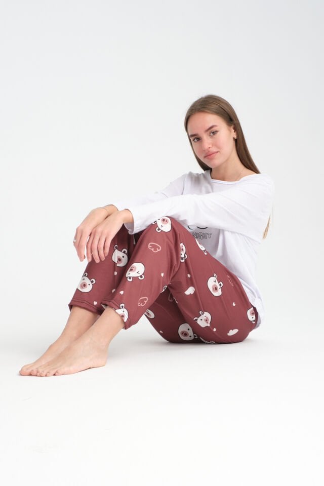 Uzun Kollu Kahverengi Bear Baskılı Pijama Takımı