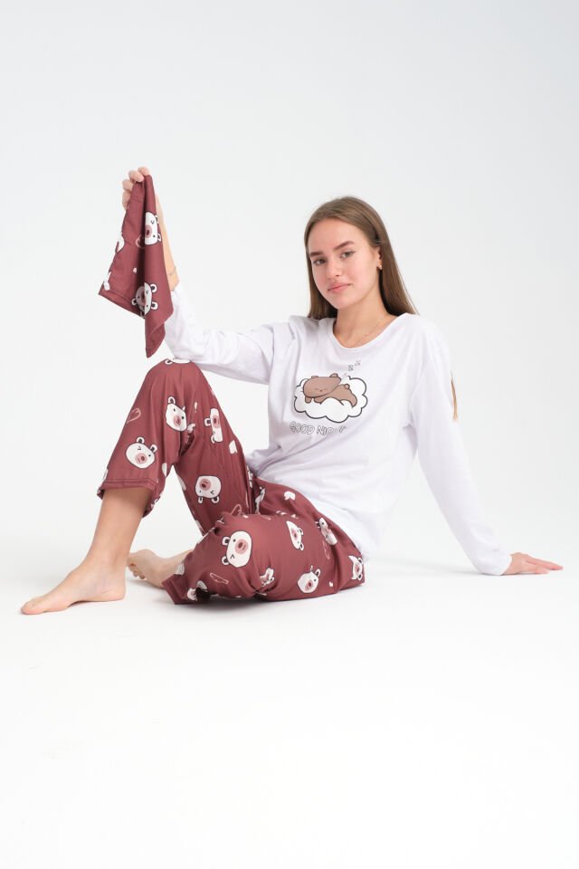 Uzun Kollu Kahverengi Bear Baskılı Pijama Takımı