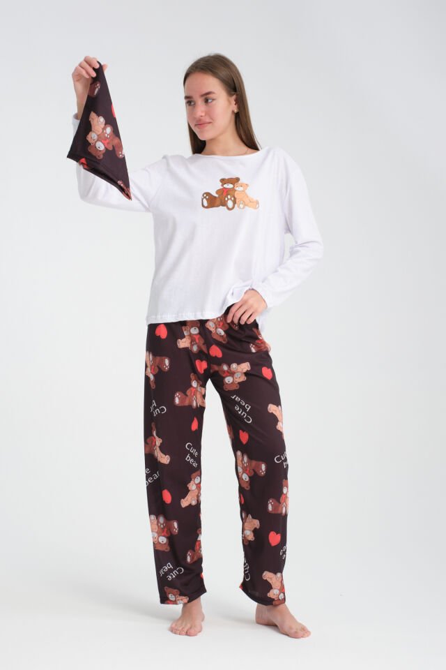 Uzun Kollu Cute Bear Baskılı Pijama Takımı