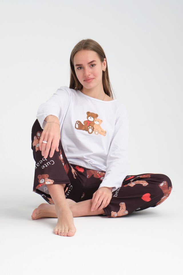 Uzun Kollu Cute Bear Baskılı Pijama Takımı