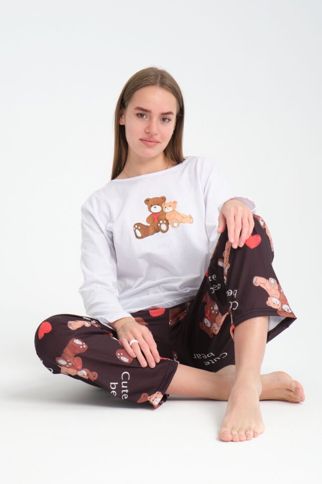 Uzun Kollu Cute Bear Baskılı Pijama Takımı