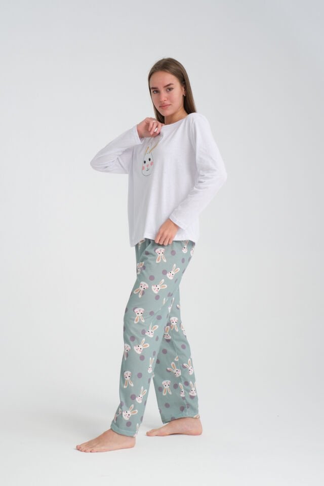 Uzun Kollu Rabbit Baskılı Pijama Takımı