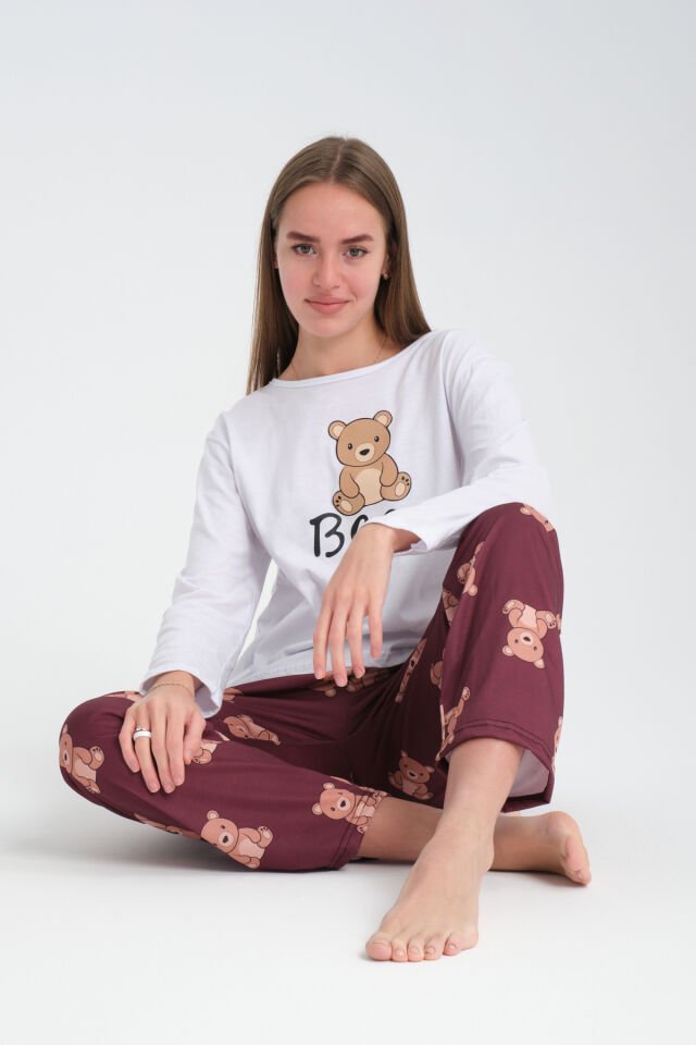 Uzun Kollu Ayıcık Baskılı Pijama Takımı