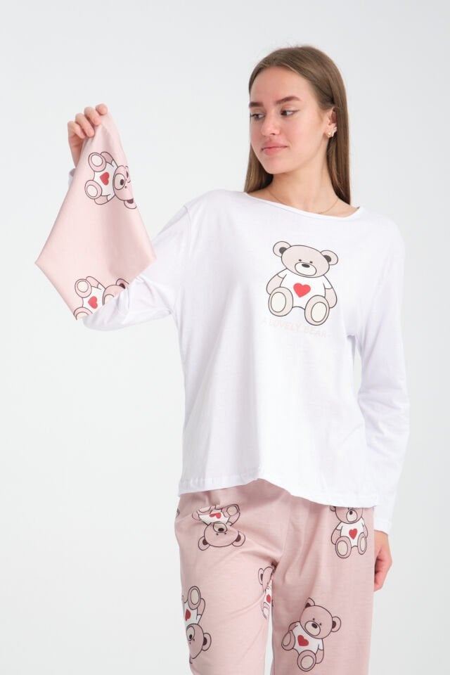 Uzun Kollu Lovely Bear Baskılı Pijama Takımı