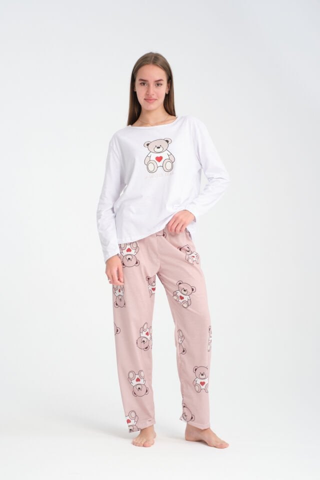 Uzun Kollu Lovely Bear Baskılı Pijama Takımı