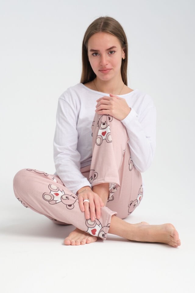 Uzun Kollu Lovely Bear Baskılı Pijama Takımı