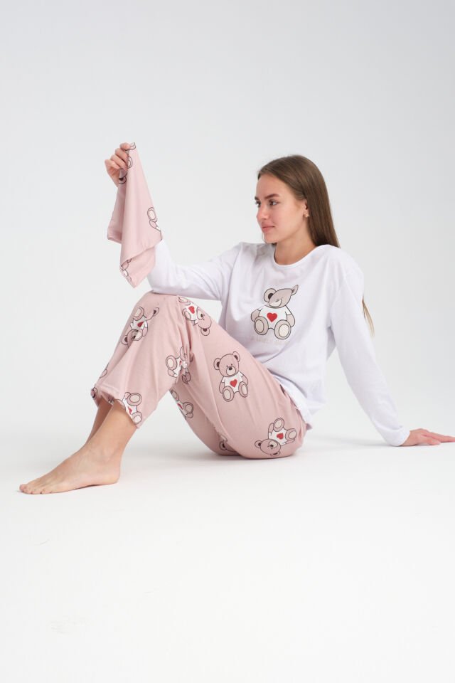 Uzun Kollu Lovely Bear Baskılı Pijama Takımı