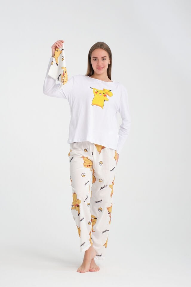 Uzun Kollu Beyaz Pikachu Baskılı Pijama Takımı