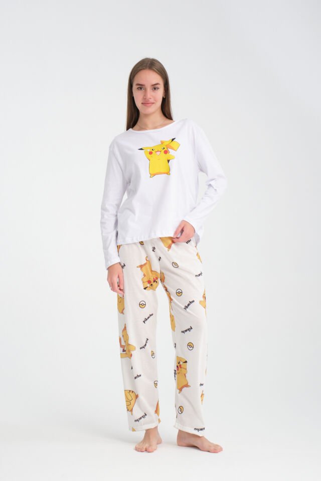 Uzun Kollu Beyaz Pikachu Baskılı Pijama Takımı