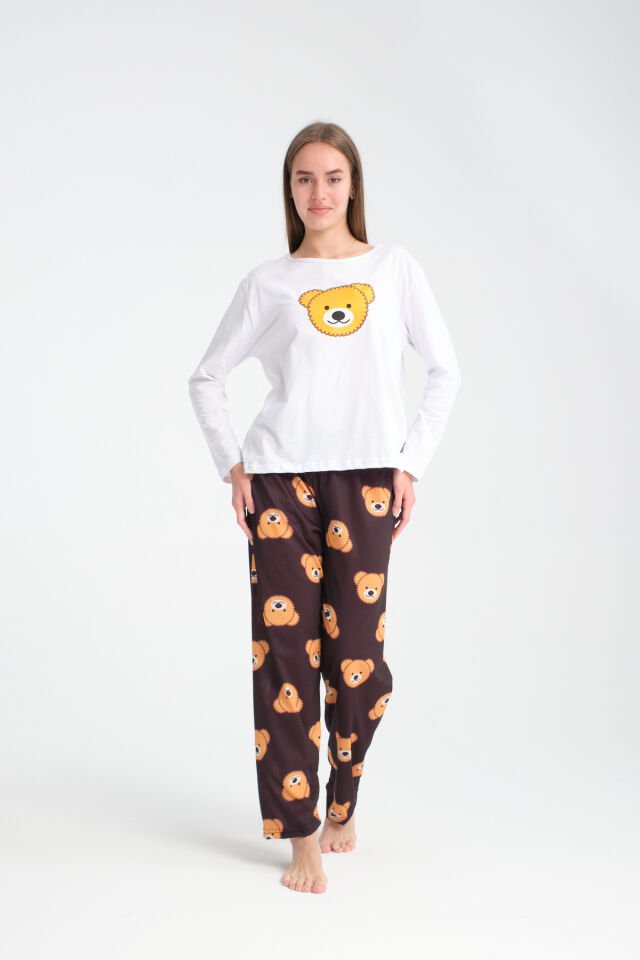 Uzun Kollu  Black Bear Baskılı Pijama Takımı