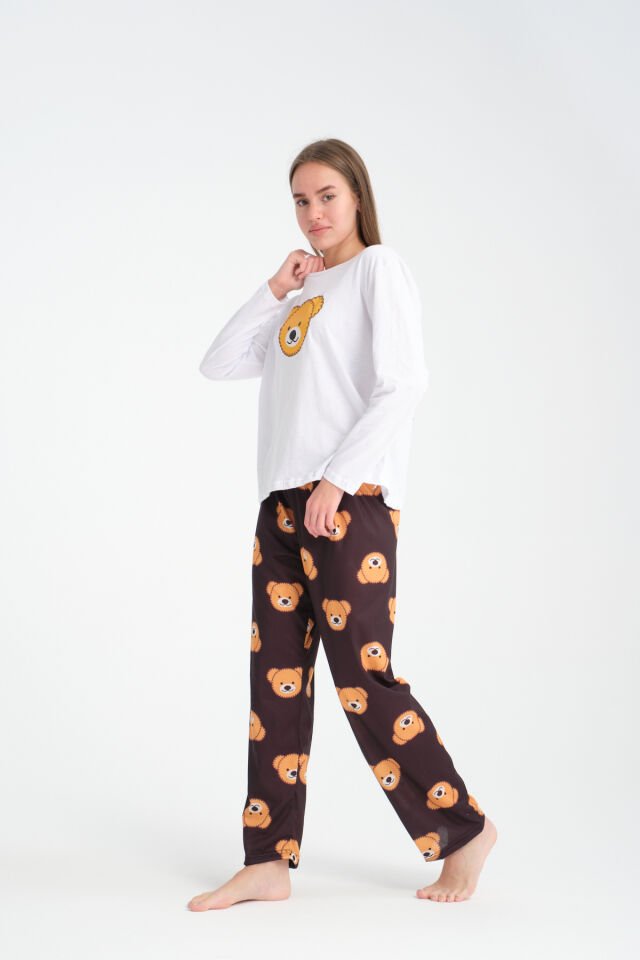 Uzun Kollu  Black Bear Baskılı Pijama Takımı