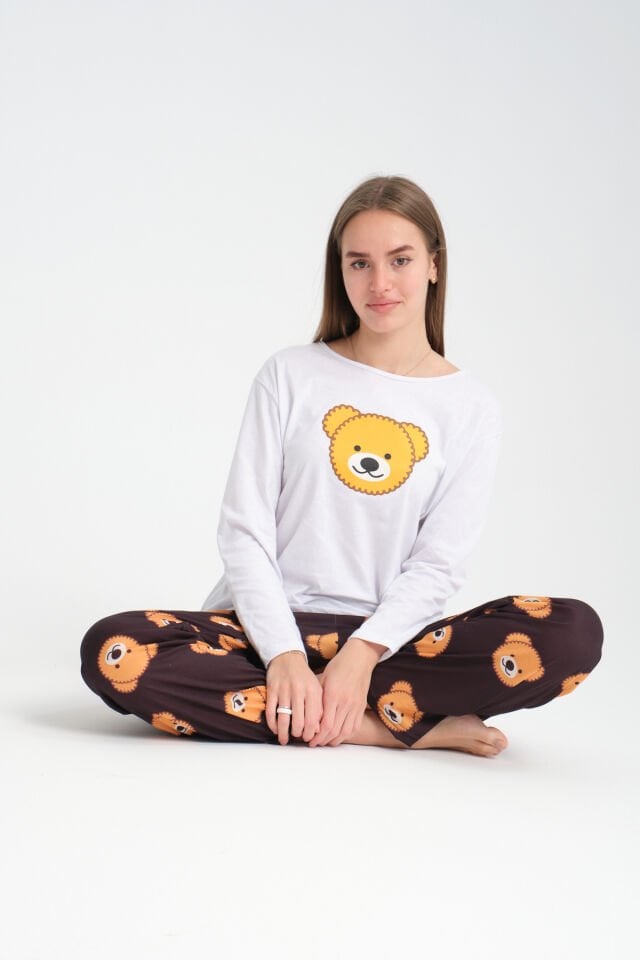 Uzun Kollu  Black Bear Baskılı Pijama Takımı