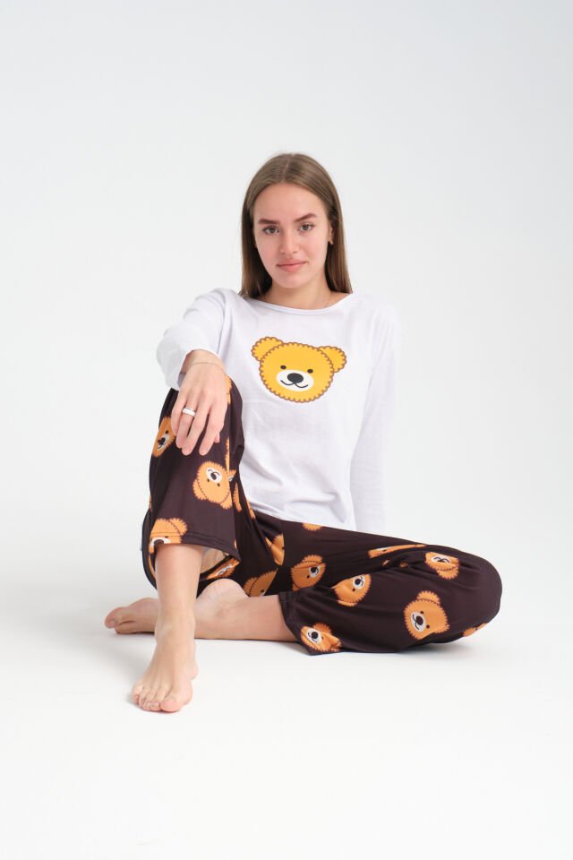 Uzun Kollu  Black Bear Baskılı Pijama Takımı