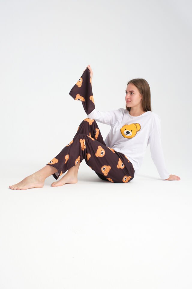 Uzun Kollu  Black Bear Baskılı Pijama Takımı