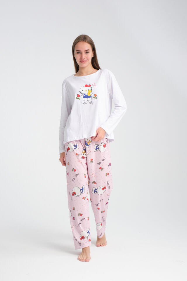 Uzun Kollu Pudra Hello Kity  Baskılı Pijama Takımı